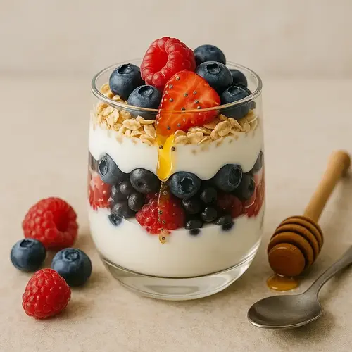 Greek yogurt berry parfait in a glass
