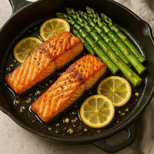 Salmon with asparagus on a pan